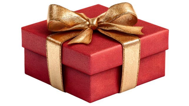 Red gift box with gold ribbon isolated on transparent background