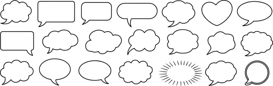 Collection of black outline speech bubbles and thought bubbles on white comic cartoon