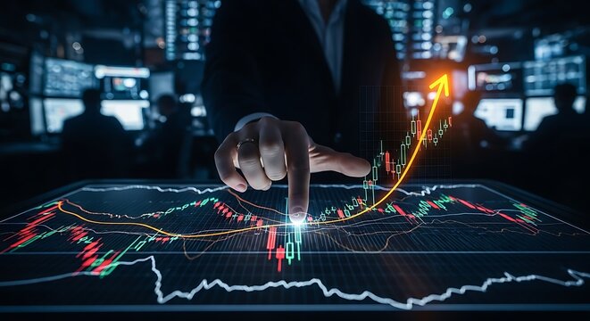 Trader analyzing stock market data on a digital screen with an upward trending arrow representing financial growth and investment 