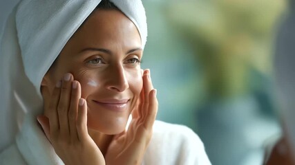 Woman's reflection in mirror applying facial cream face partially visible skincare application beauty routine anti aging care cosmetic use face moisturizing personal care - Powered by Adobe