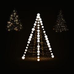 Three stylized fir trees glow with twinkling white lights against a dark backdrop; the central one forms a triangular pattern of bulbs, capturing holiday magic and winter sparkle