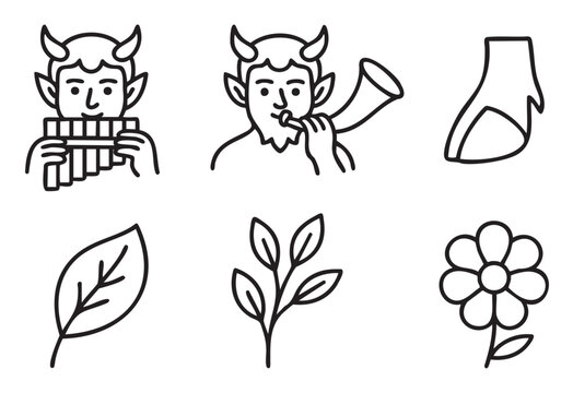 Collection of black and white line art icons depicting mythological fauns playing instruments, a cloven hoof, and simple nature elements like leaves and a flower