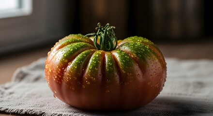 Heirloom tomato glistening with fresh water droplets, ready to be sliced for a vibrant summer salad or used in elegant gourmet cuisine creations now