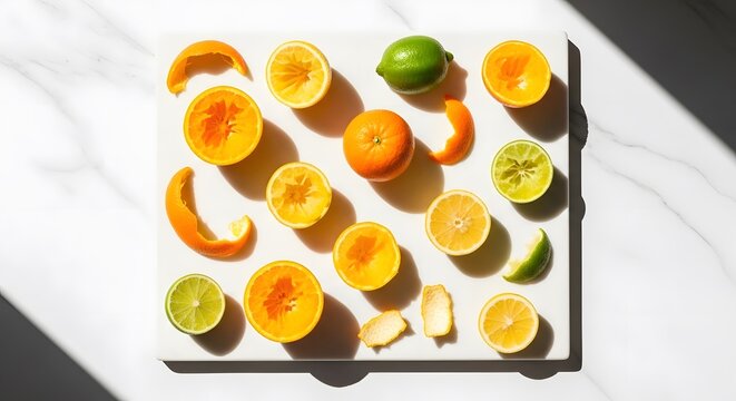 Zesty citrus fruit arrangement on bright marble, perfect for healthy recipes and vibrant summer themes, featuring oranges, lemons, and limes in sunny light