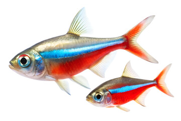 Fototapeta premium Two vibrant neon tetra fish with bright blue and red stripes swimming, isolated on transparent background