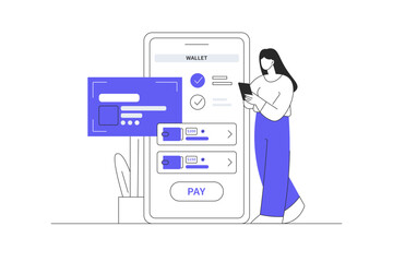 E-wallet, digital payment. Online transaction with woman standing and holding mobile phone concept. Flat Cartoon Vector Illustration, icon Stylish abstract design landing page web