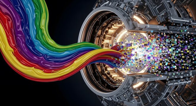 Dynamic tech hub with vibrant rainbow data stream transforming into digital pixels, symbolizing innovation and technological advancement in a modern world