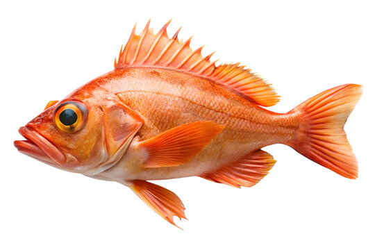 Vibrant orange rockfish, possibly a canary rockfish or vermilion rockfish, isolated on a transparent background, showcasing its spiny dorsal fin structure