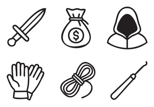 Set of black and white line art icons representing a thief or rogue character class, including a dagger, money bag, hood, gloves, rope, and lockpick for a fantasy game