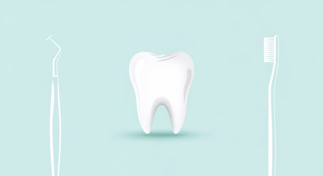 White tooth with dental tool and toothbrush on pastel blue background. Oral hygiene.
