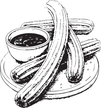 Churros Hand-drawn Sketch Drawing Vector Illustration, Line Linear Symbol Engraving Coloring Book, Black and White Isolated