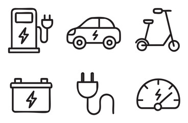 Set of simple black outline icons related to electric vehicles and sustainable energy, featuring a charging station, car, scooter, battery, plug, and power gauge