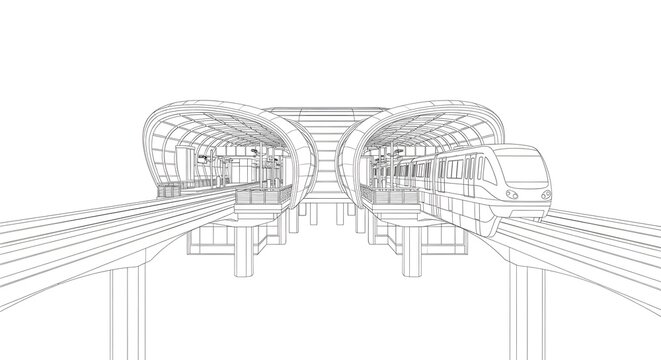 Wireframe rendering of a modern elevated train station with two trains on parallel tracks, showcasing futuristic architectural design.