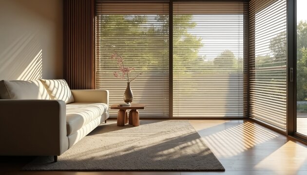 Modern living room with sleek aluminum Venetian blinds. Soft light filters through blinds casting shadows on floor. Beige couch, wooden table with vase on rug in front of large window with trees