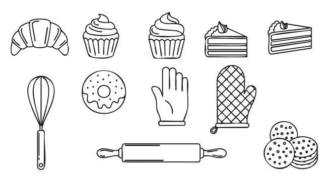 Minimalist vector icon set of bakery items and kitchen tools, featuring simple line art drawings of desserts and pastries for a clean, modern graphic design concept