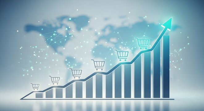 See vibrant growth in retail sales, showing positive trends in consumer spending with upward arrow and shopping carts, perfect for financial reports and business presentations