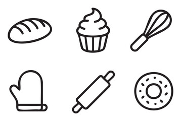 Set of six black line art icons related to baking and pastry, including bread, a cupcake, a whisk, an oven mitt, a rolling pin, and a donut