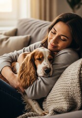 A serene woman finds comfort and joy as she cuddles her sleeping cocker spaniel. A tender, cozy moment of love and the deep bond between a person and their pet

