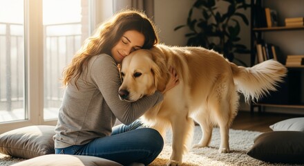 A young woman shares a loving embrace with her golden retriever in a sunlit living room. A tender and heartwarming scene of pure friendship, comfort, and companionship

