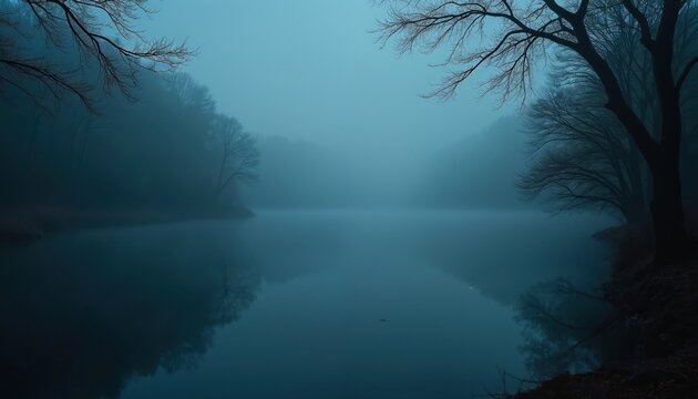 Bare trees stand by dark misty lake at night. Calm blue water reflects bare branches and deep fog. Serene mysterious nature scene unfolds under moonlit sky.