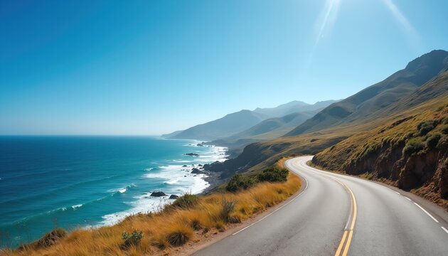 Coastal highway winds through dramatic mountains meeting turquoise ocean. Sunlight illuminates scenic road trip panorama. Image evokes adventure, exploration along California coastline, perfect for