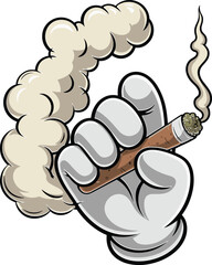 Cartoon hand holding smoking blunt with cloud of smoke, marijuana illustration, cannabis design, vector artwork, cad drawing flat vector illustration