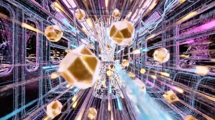 Abstract wireframe train car in motion, surrounded by geometric shapes and streaks of light - Powered by Adobe