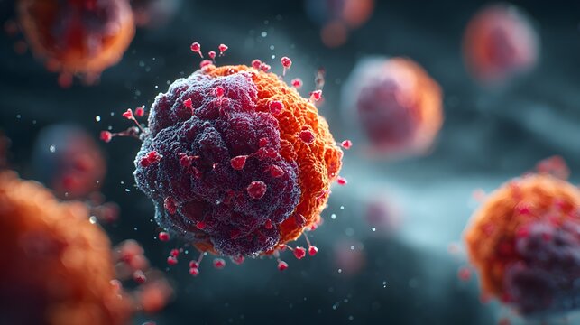 Highly detailed and dramatic medical illustration shows viruses attacking a cell surface, with cinematic lighting and vibrant, microscopic action.