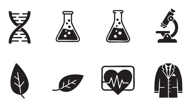 Collection of black and white minimalist icons representing science, medicine, and biology, including DNA, a microscope, a lab coat, and a heartbeat symbol