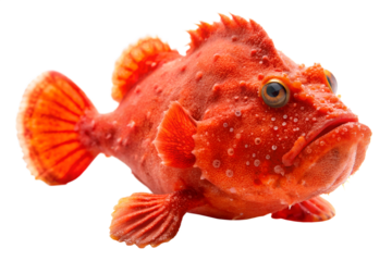 Bright red, bumpy textured fish, possibly a type of scorpionfish or rockfish, isolated on transparent background