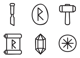 Set of hand-drawn black line art icons featuring ancient mythological symbols like a rune, hammer, chisel, scroll, crystal, and sun wheel