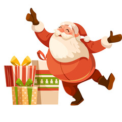 Jovial Santa Claus Dressed In A Red Suit With White Trim And Black Boots Dancing Next To A Stack Of Colorful Wrapped Presents On A Transparent Background