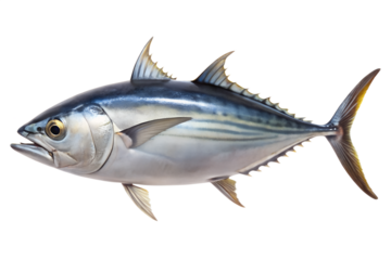 A powerful skipjack tuna or bonito fish swimming, isolated on transparent background, showing its streamlined body and dark blue upper coloration