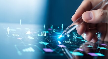 Hand using digital pen on tablet with glowing icons modern technology concept for business and data analysis blue background