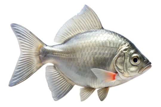 A solitary silver fish, possibly a type of carp or crucian, captured midpose against a stark transparent background, showcasing its detailed texture