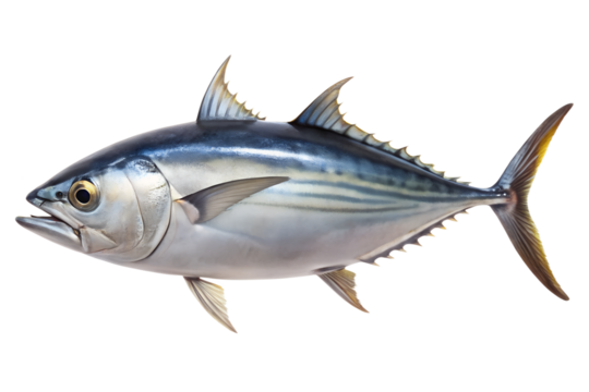 A powerful skipjack tuna or bonito fish swimming, isolated on transparent background, showing its streamlined body and dark blue upper coloration - Powered by Adobe