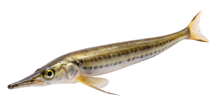 Needlefish or garfish species isolated on transparent background, showing its long, slender body and pointed snout, common in freshwater or marine environments