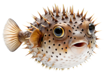 A small, inflated spiny pufferfish with prominent eyes and sharp quills, facing forward, isolated on transparent background