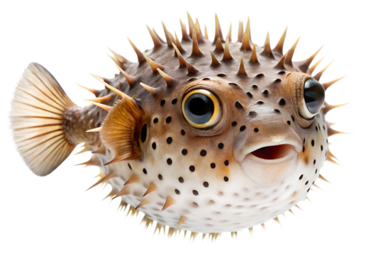 A small, inflated spiny pufferfish with prominent eyes and sharp quills, facing forward, isolated on transparent background