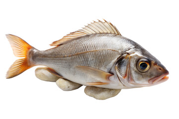 Fresh raw silver fish, possibly a sea bream or similar species, resting on small smooth stones isolated on transparent background for food preparation or market display