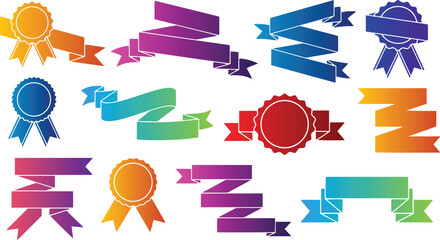 Set of Vector Gradient Ribbons and Rosettes: Colorful Banners, Medals, Awards, Seals, and Labels for Web Design.