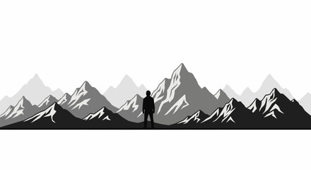 Silhouette of a person standing before majestic mountain range.