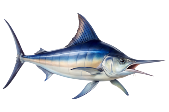 Detailed illustration of a large, powerful blue marlin or swordfish with a long bill, isolated on transparent background