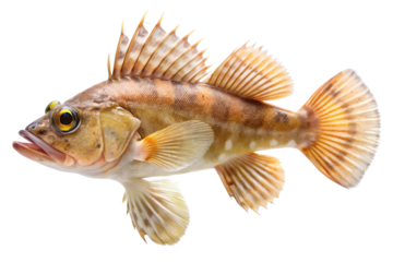 Brown and yellow mottled rockfish or scorpionfish with spiky dorsal fin isolated on transparent background, marine bottom dweller in clear studio shot
