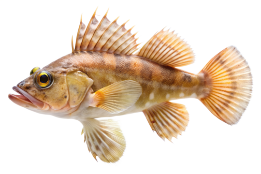 Brown and yellow mottled rockfish or scorpionfish with spiky dorsal fin isolated on transparent background, marine bottom dweller in clear studio shot