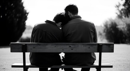 Monochrome photo of a couple sitting on a park bench embracing representing love support and companionship
