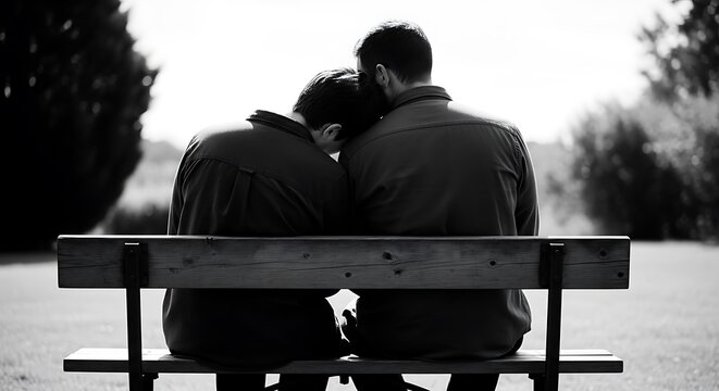 Monochrome photo of a couple sitting on a park bench embracing representing love support and companionship