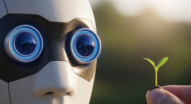 Robot holding a small plant seedling artificial intelligence and nature concept of technology and environmental sustainability