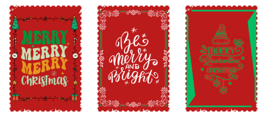 Collection of festive christmas stamp designs featuring holiday greetings and winter motifs.
