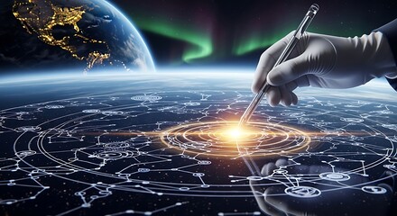 Global network connection concept hand drawing a digital interface on a futuristic earth symbolizing technology and innovation